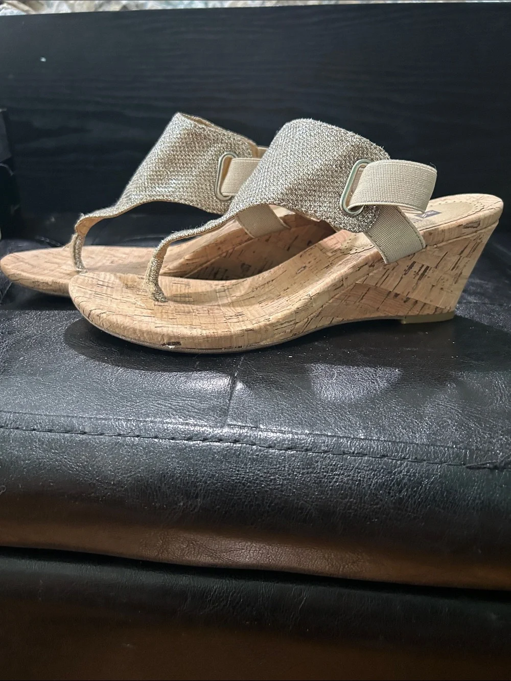 White Mountain Gold Sparkle Cork Wedge Thong Sandals